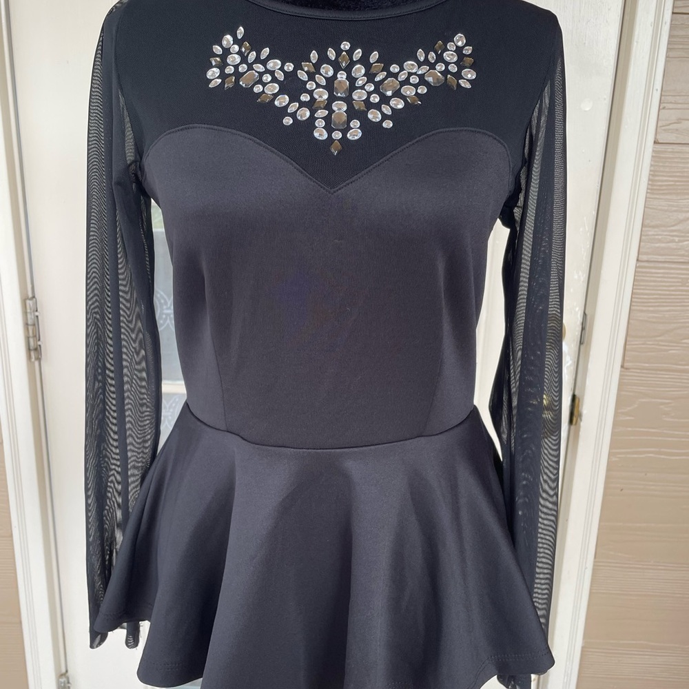 Have Figure Skating Dress Size M Black Rhinestone Mesh Long Sleeve ⛸️✨